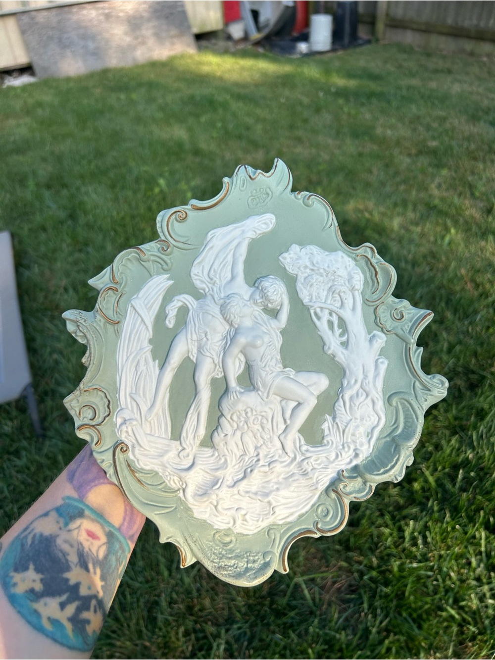Volkstedt Jasperware Plaque: Kissing Lovers, Germany -Cherubs  Flowers vintage